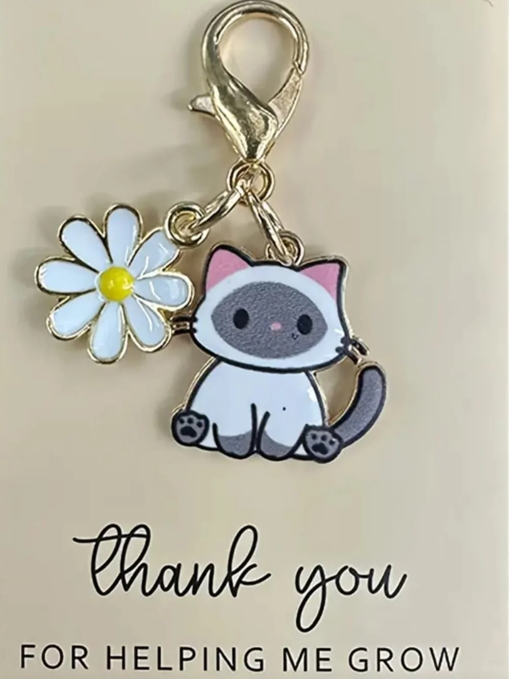 Cute Gray Cat and Daisy Pet Collar Charm - Gold Hardware